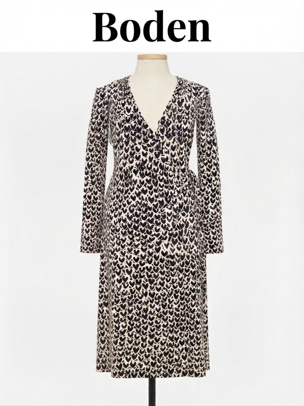 Boden Black & Cream Heart-Print Wrap Dress Size 8 0201